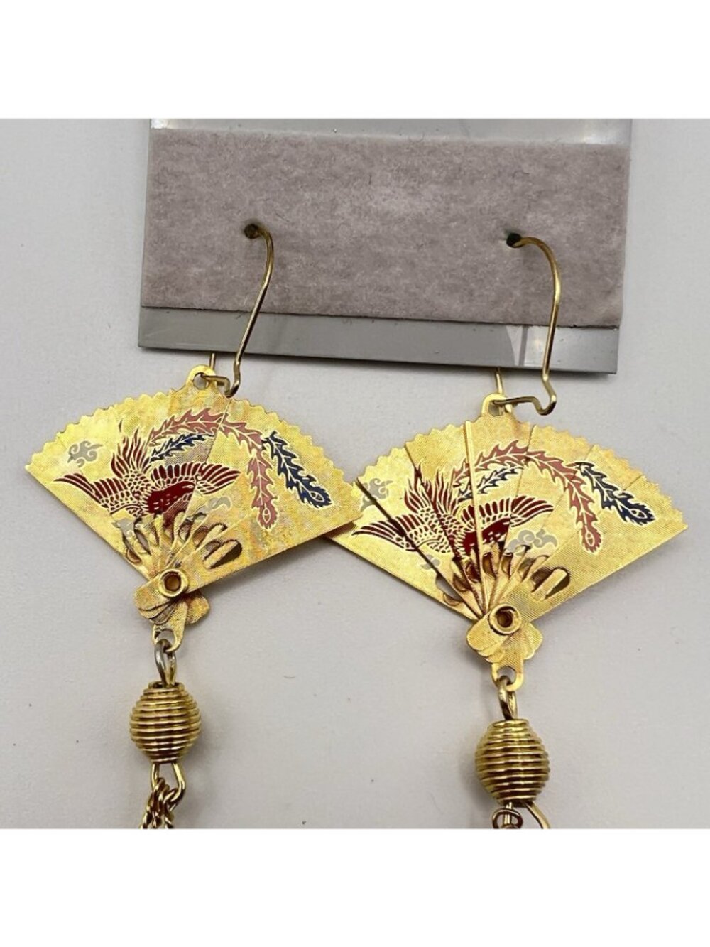 Vintage Asian Fan Tassel Earrings Gold Tone Phoenix Crane Statement Dangle 2.5" - Picture 4 of 7